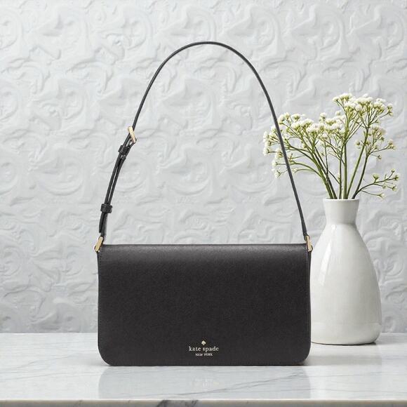 Kate Spade Staci Flap Shoulder Bag Purse in Black Leather KF371